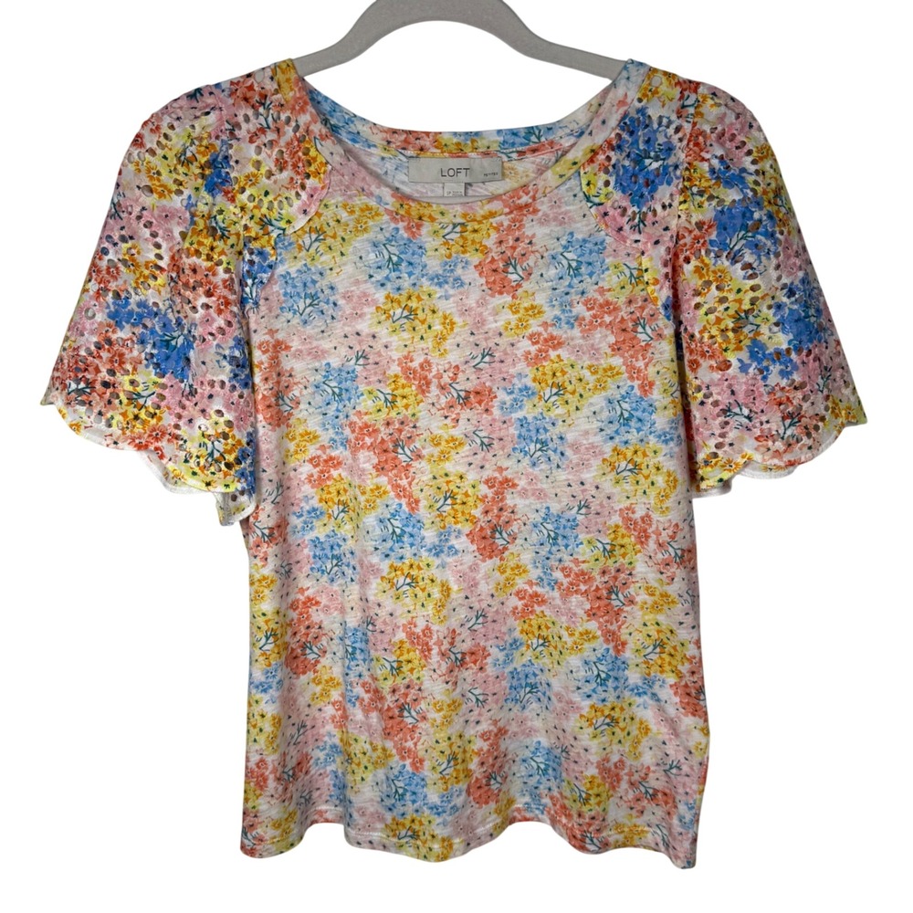 LOFT Petites Floral Eyelet Flutter Sleeve Cotton Top Multicolor SP Crew‎ Neck